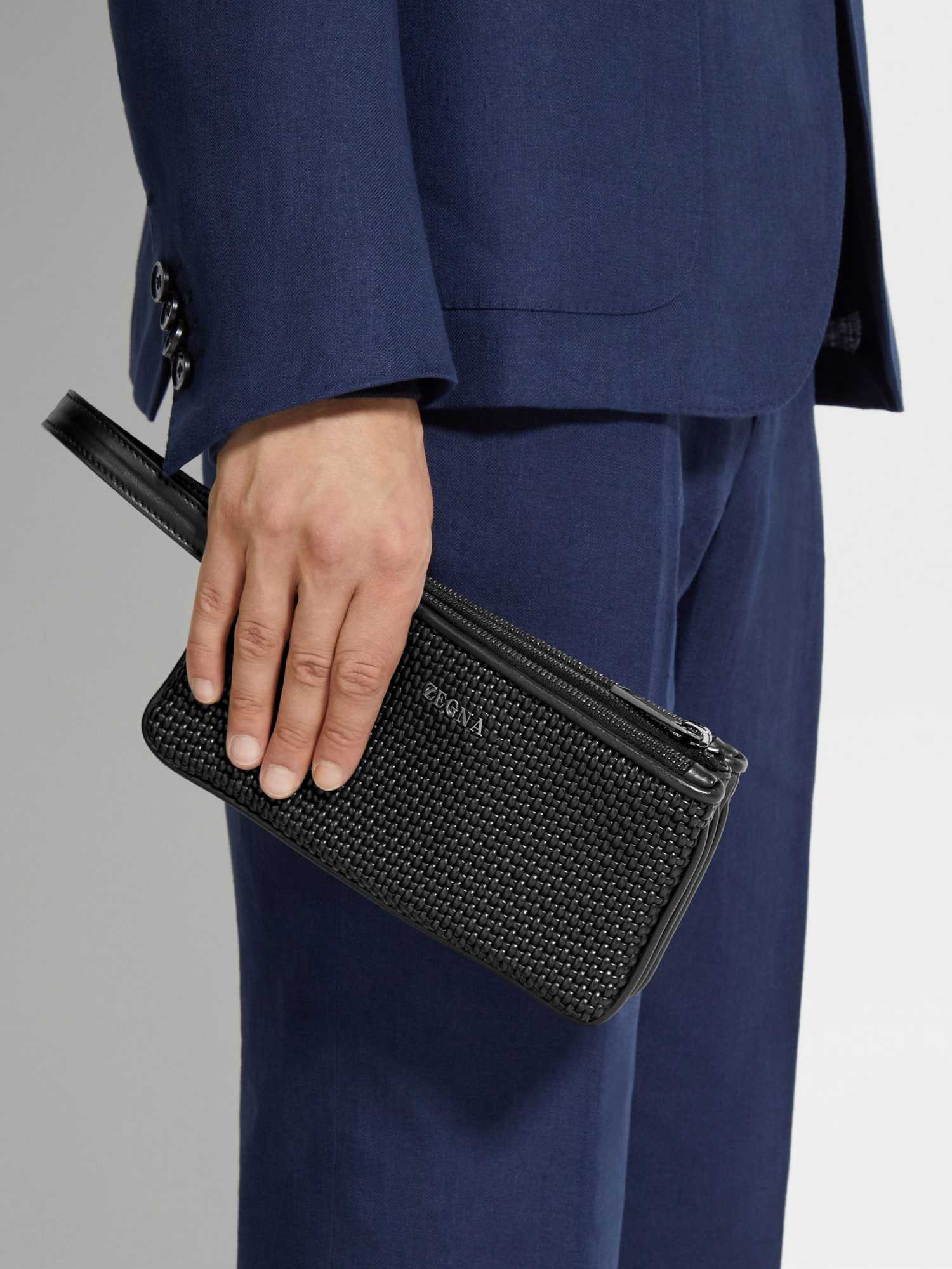 Zegna Pelletessuta Logo Lettering Triple Zip Pouch In Black