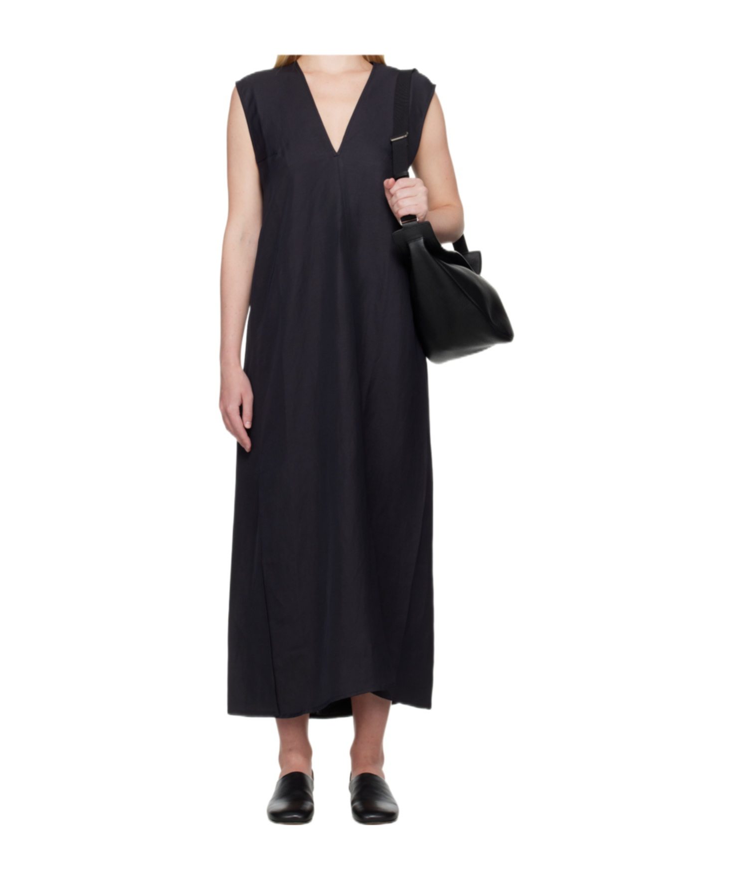 Studio Nicholson Navy Lise Linen Midi Dress In Black