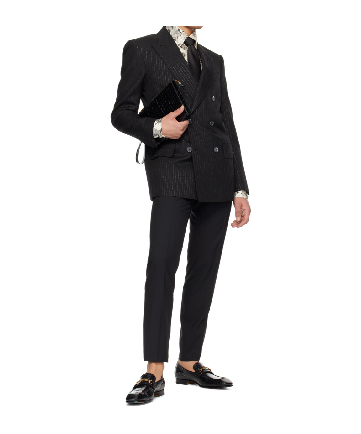 Tom Ford Dyllan Double-breasted Striped Metallic Wool And Silk-blend Suit Jacket In Black