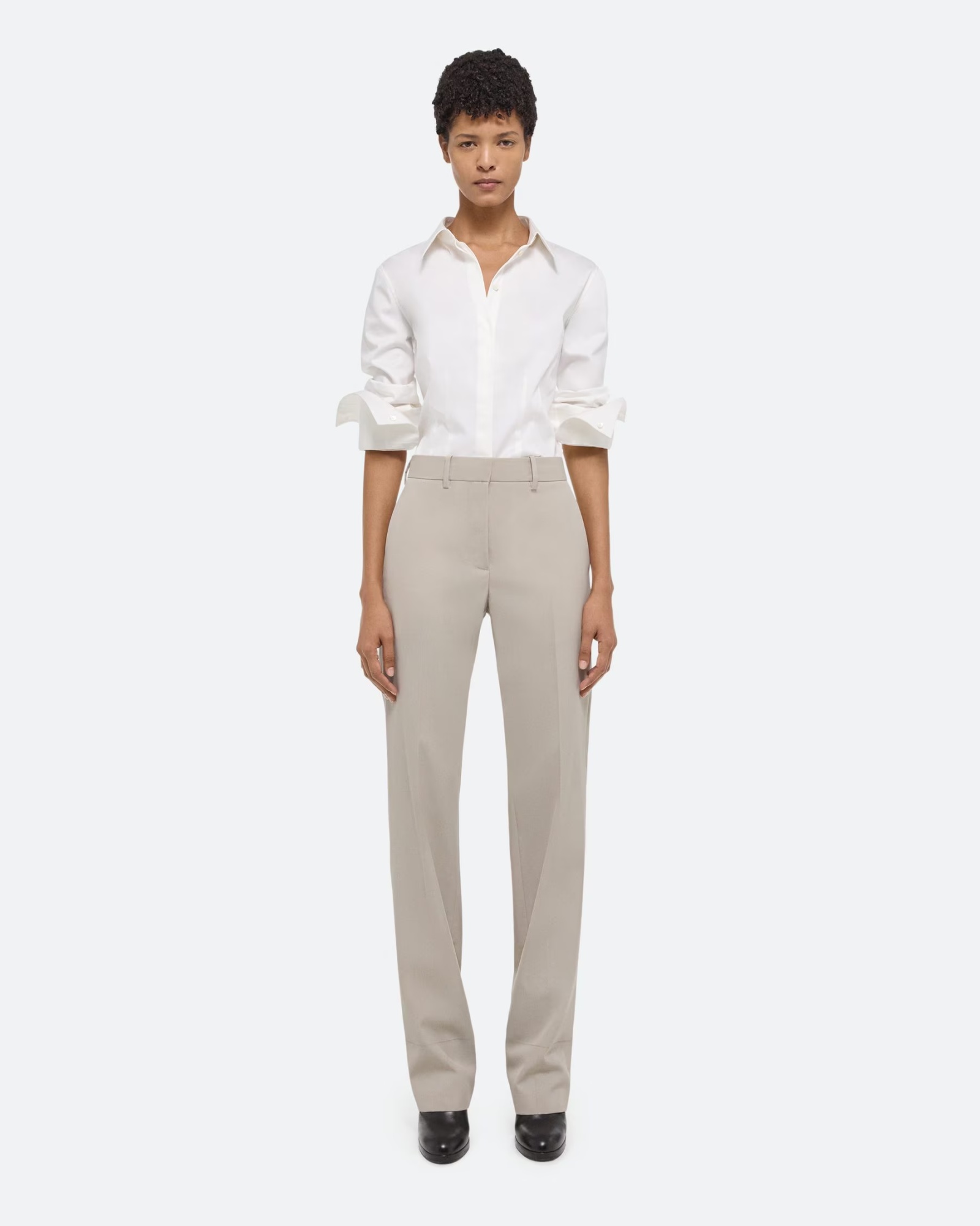 Helmut Lang Belt Ring Shearing Wool Dress Trousers In White
