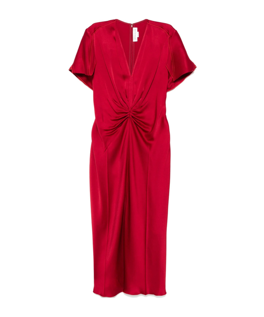 Victoria Beckham Gathered V Neck Midi Dress Tomato