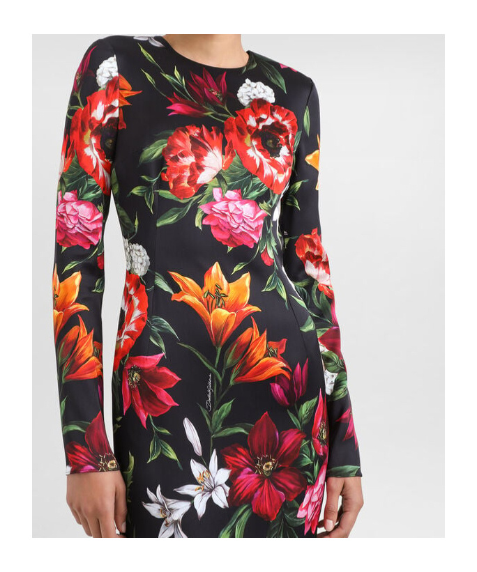 Dolce & Gabbana Flower Print Satin Midi Dress In Multi