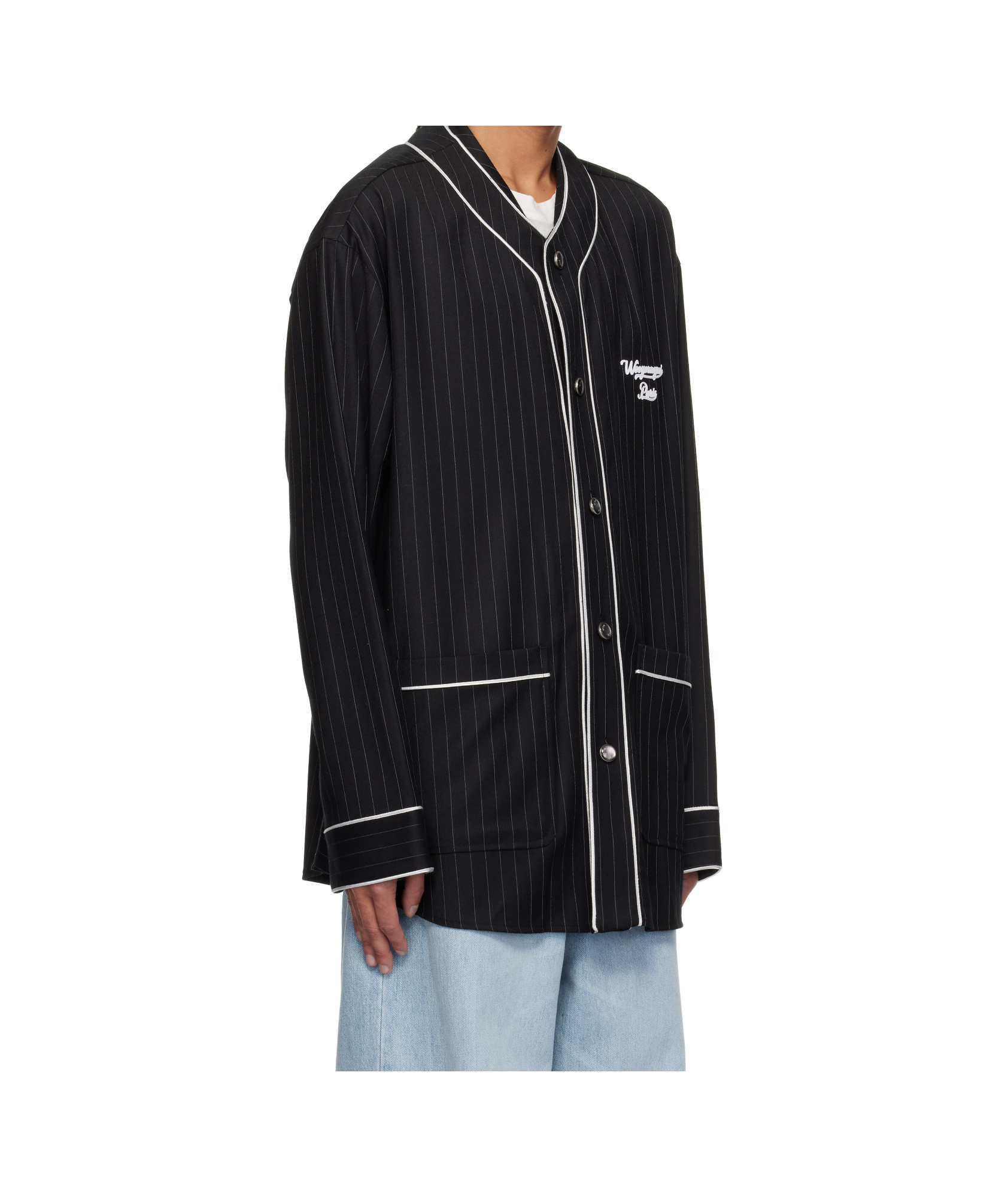 Shop Wooyoungmi Wool Stripe Baseball Shirt In Black