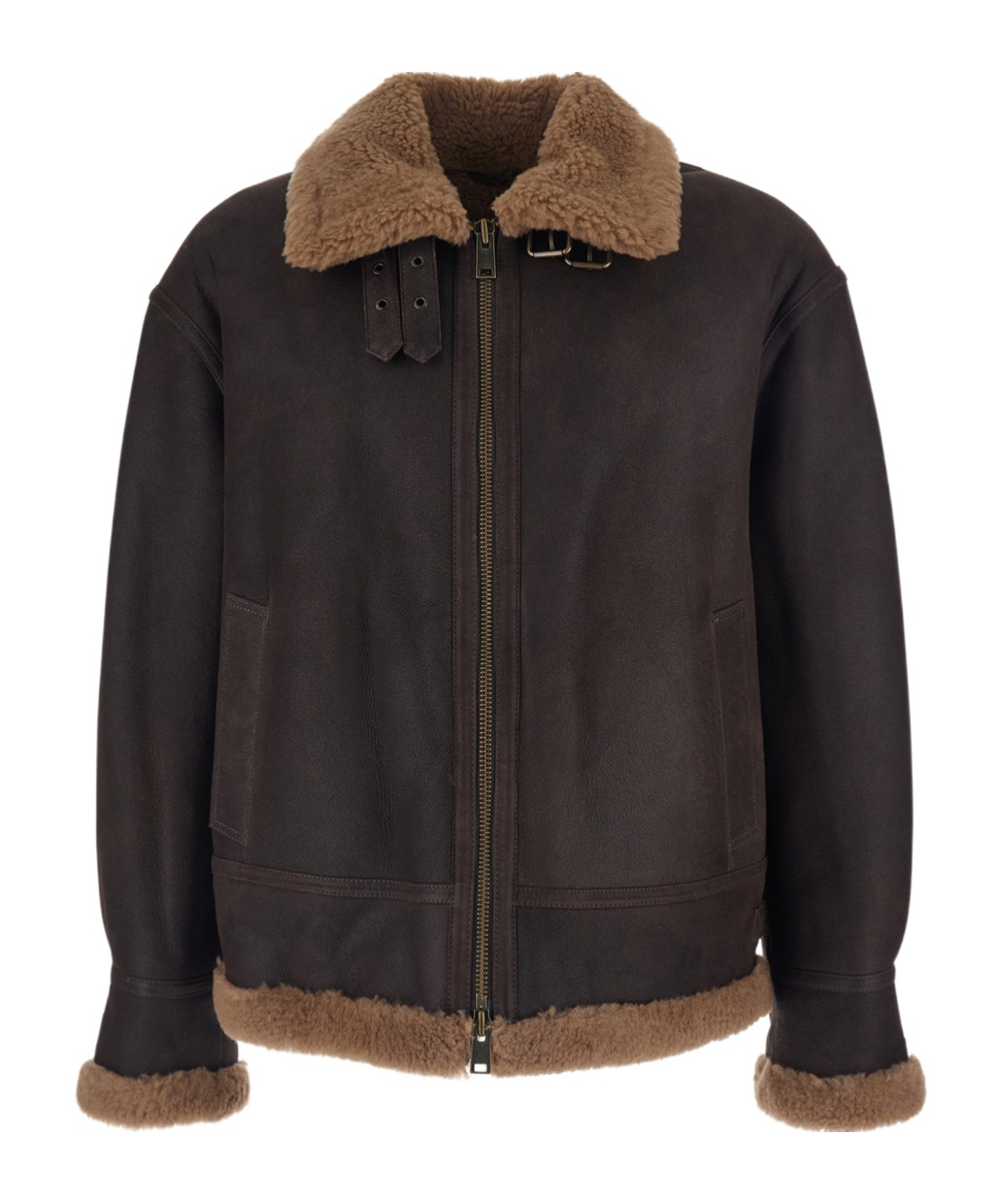 Arma Strap Closure Shearling Jacket In Brown