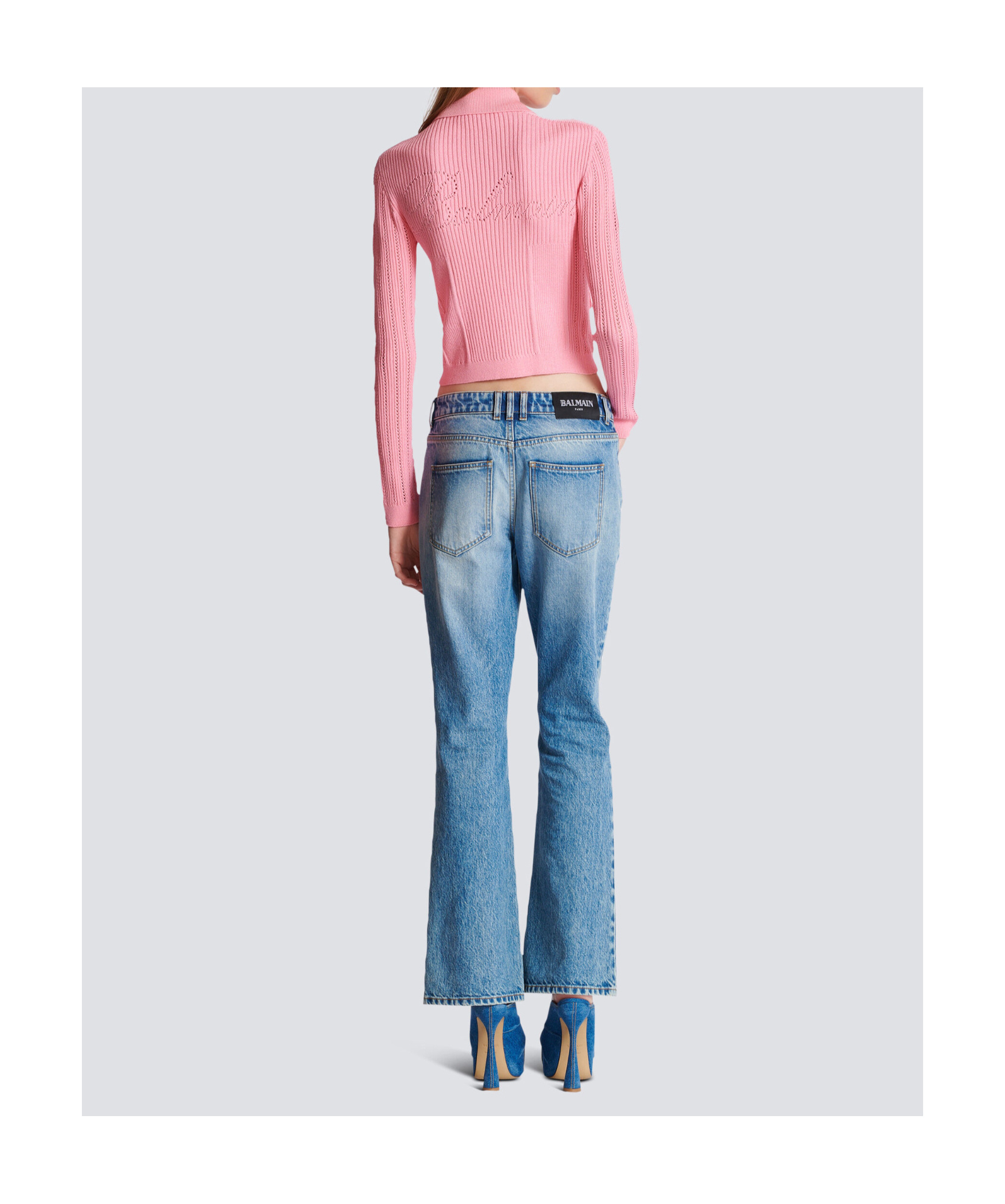 Balmain Perforated Knit Short Cardigan With Patch Pockets In Pink