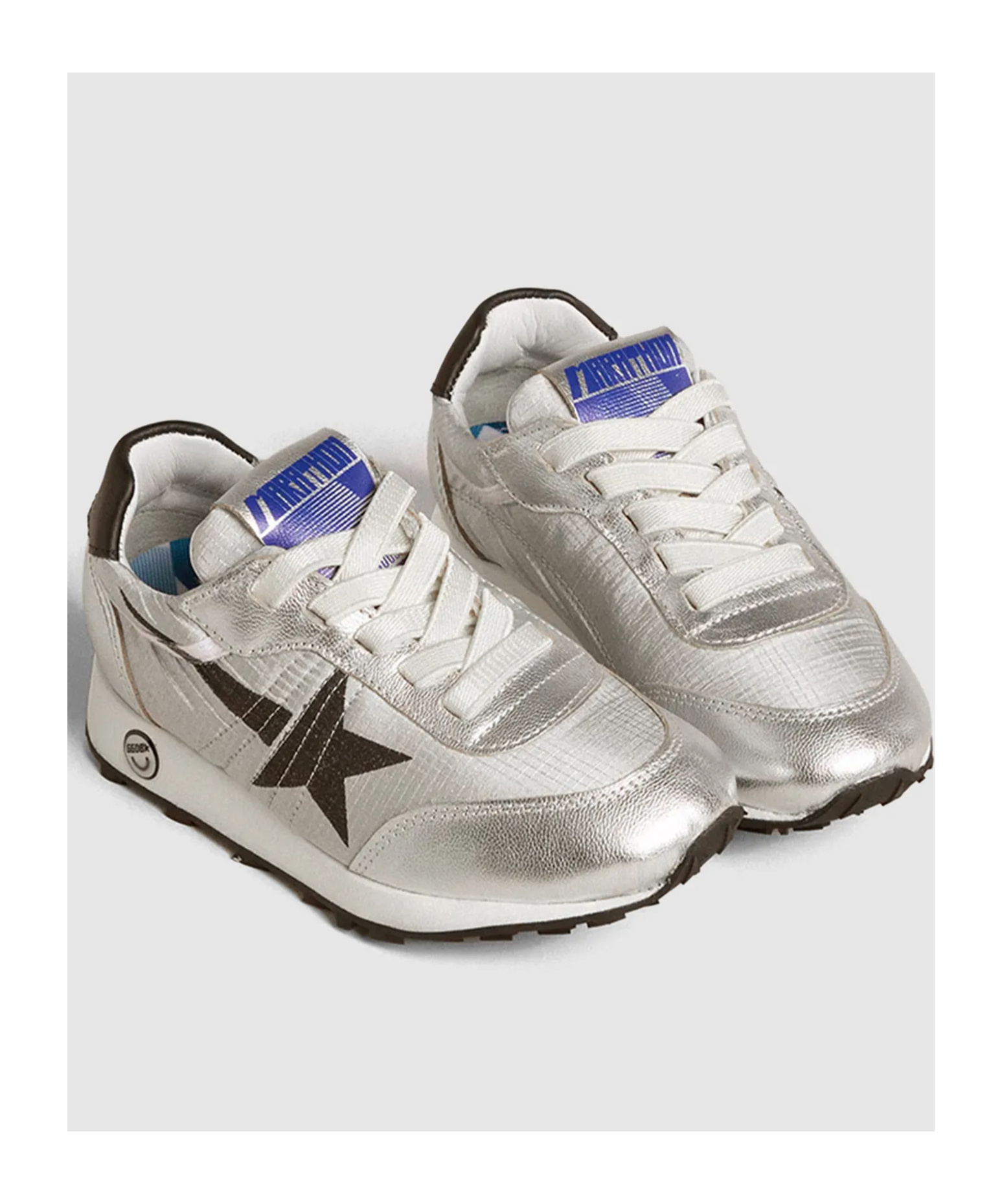 GOLDEN GOOSE MARATHON YOUNG IN SILVER NYLON WITH BLACK STAR AND LEATHER HEEL TAB