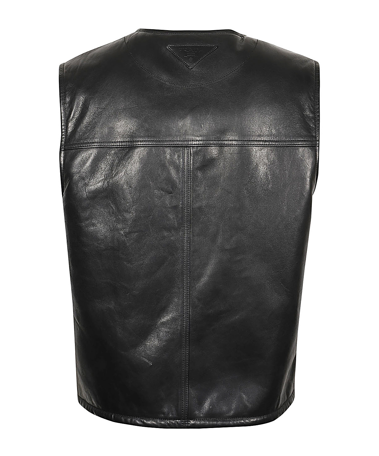 Prada Sleeveless V-neck Leather Vest With Raised Stitching In Black