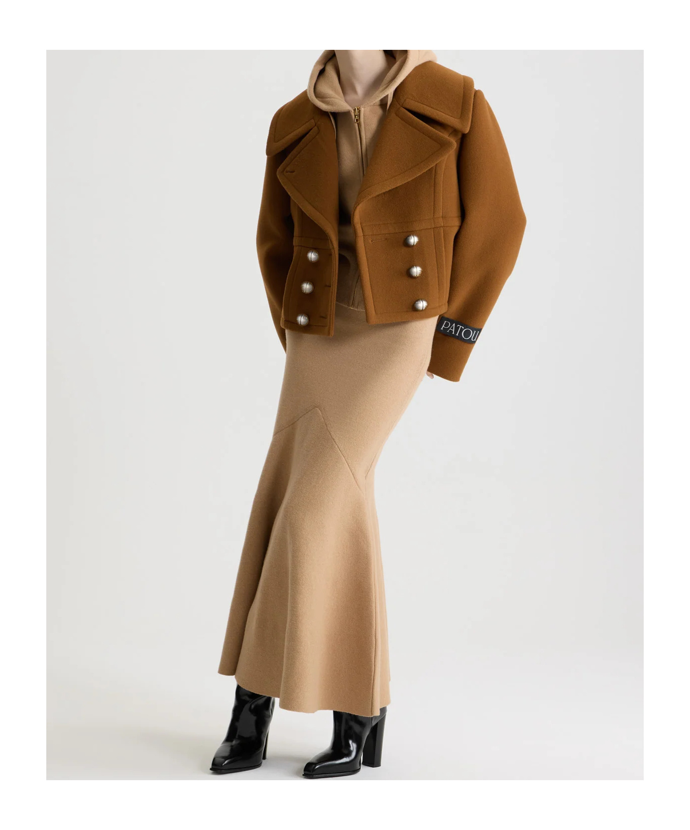 Patou Lapels Cropped Double-breasted Buttoned Coat In Brown