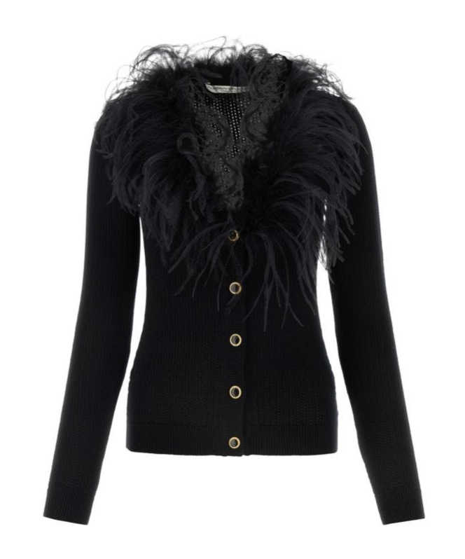 ALESSANDRA RICH FEATHER-TRIM DETAIL KNITTED CARDIGAN