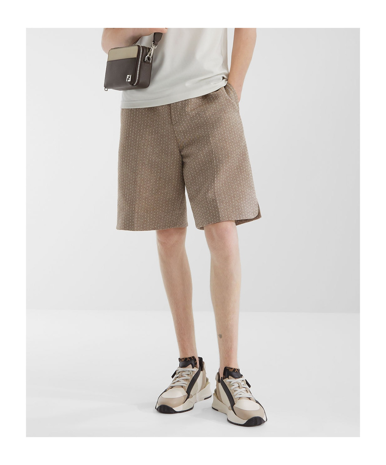 Fendi Stitching Jacquard Wool Bermuda Shorts In Nude