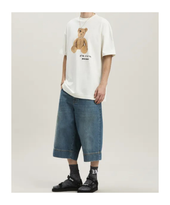 Palm Angels Bear In Mind White T-shirt With Bear Print And Logo Lettering On The Front In Cotton Man In White
