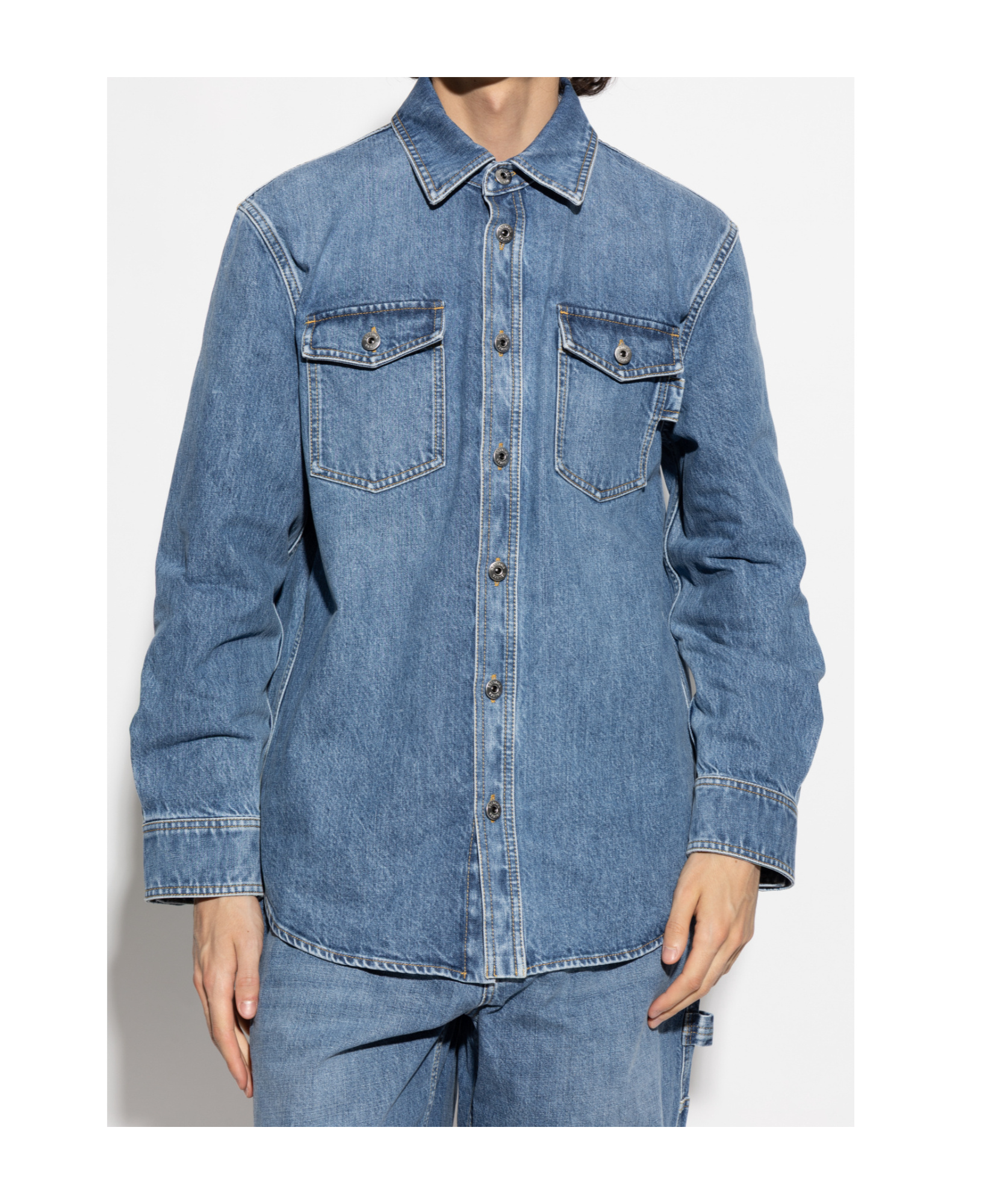 Bottega Veneta Denim Shirt With Flap Pockets And Contrasting Stitching In Blue