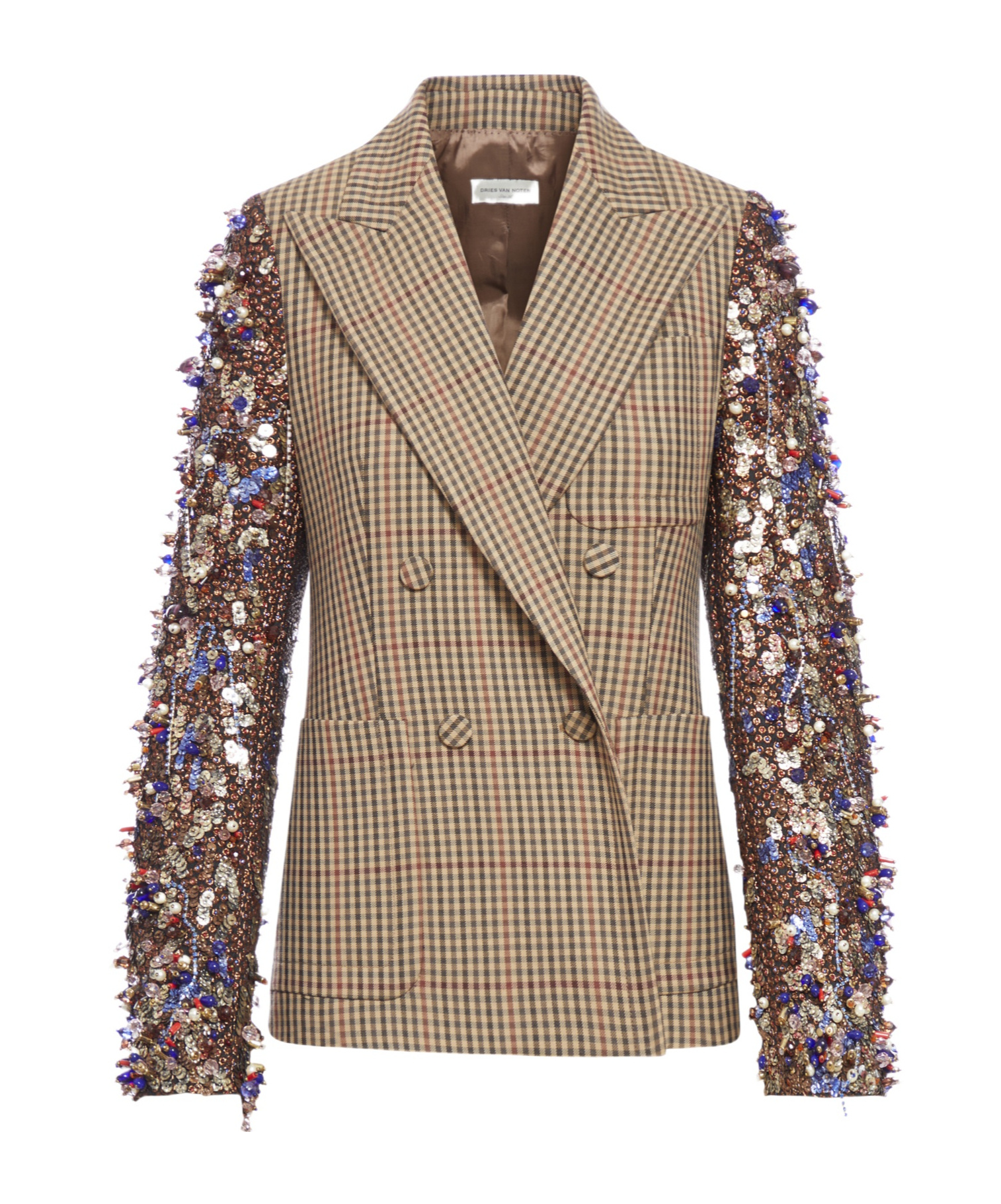 Dries Van Noten Embellished Metallic Jacquard-crepon And Checked Wool Double-breasted Jacket In Multicolor