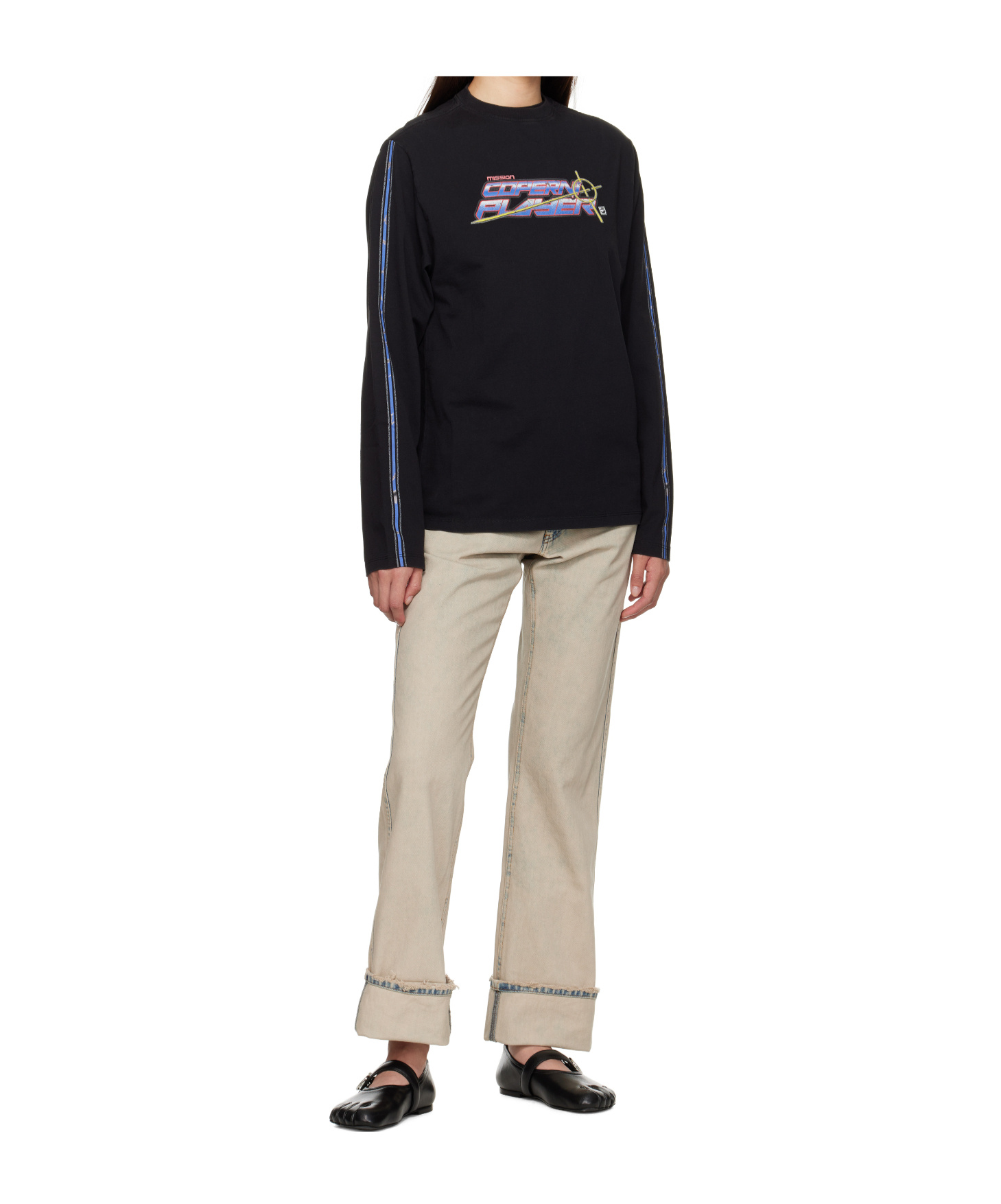 Coperni Womens Black-multicolour Print Slogan-print Long-sleeve Cotton-jersey T-shirt In Black