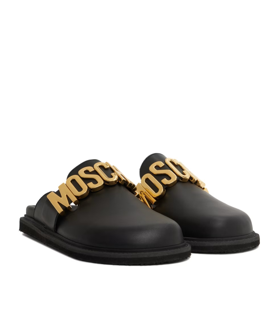 Moschino Men's Logo Leather Clog Slides In Black