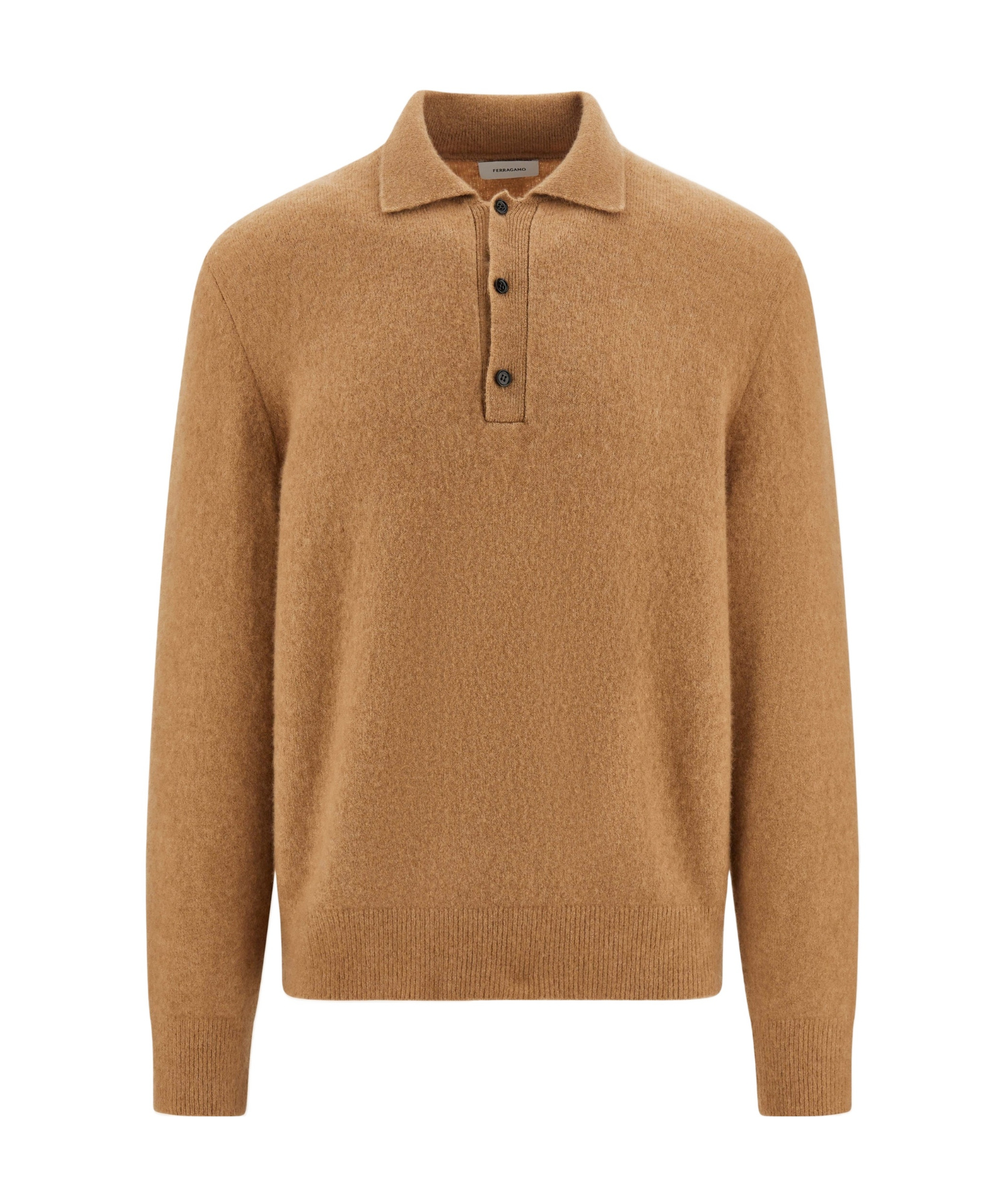 Ferragamo Long Sleeved Camel And Silk Polo Shirt In Brown