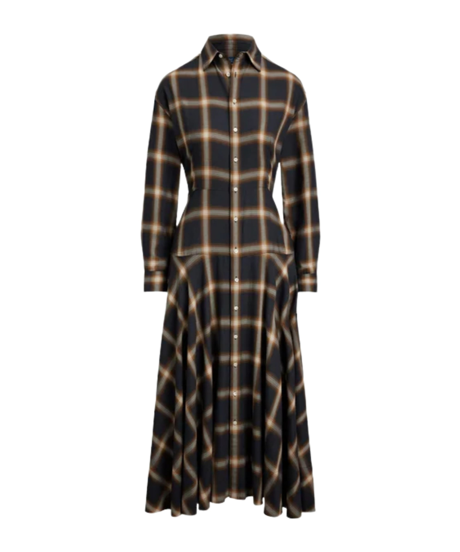 Ralph Lauren Plaid And Twill Patchwork Midi Shirt Dress In Black