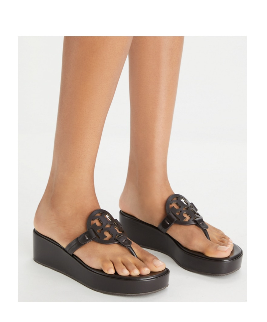 Tory Burch Black Logo Wedge Sandals In Brown
