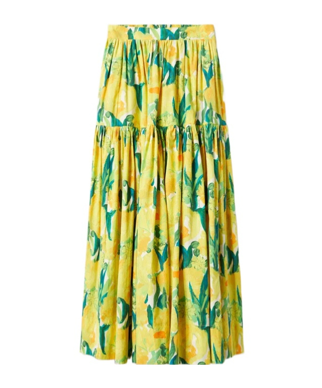 La Doublej Oscar Printed Cotton Poplin Midi Skirt In Yellow