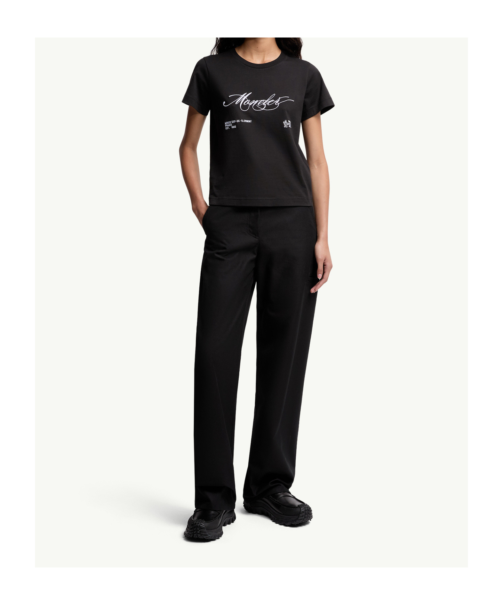 Moncler Women Cotton T-shirt With Embroidered Cursive Logo In Black