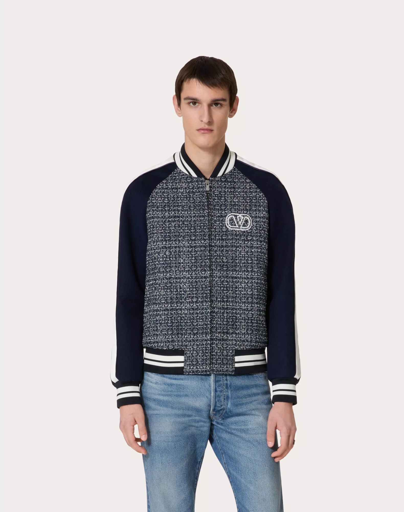 Valentino Tweed Bomber Jacket For In Blue