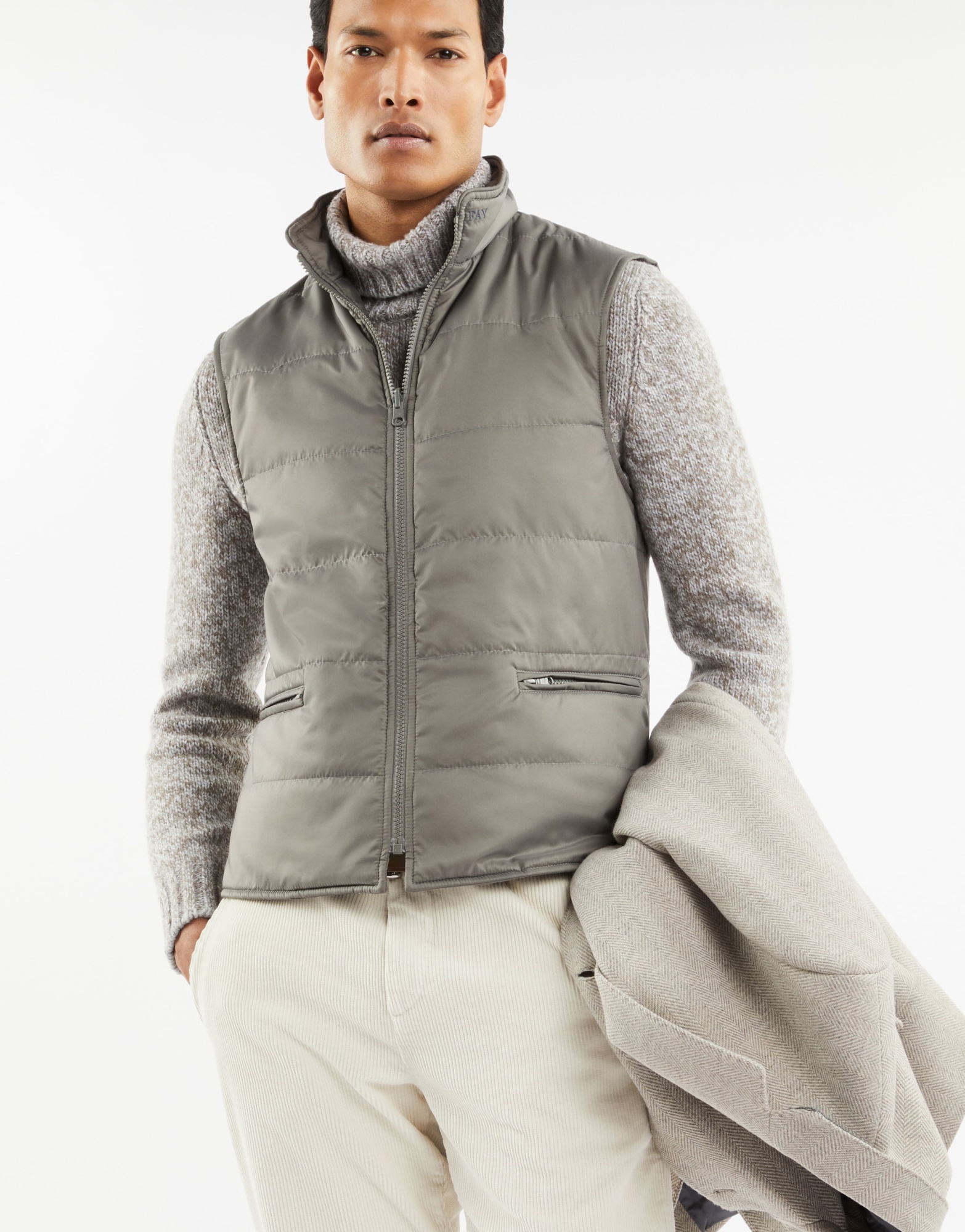 Shop Fay Double Coat With Herringbone Pattern In White