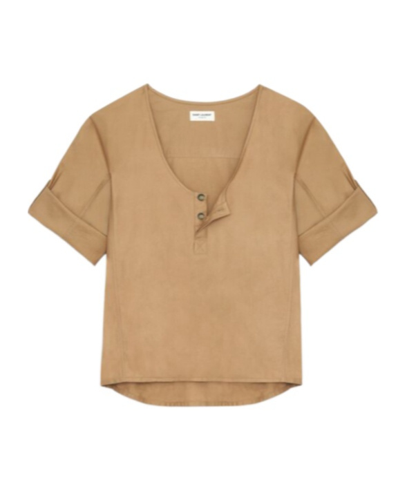 Saint Laurent Henley Twill-weave Blouse In Nude