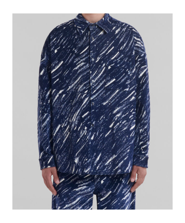 MARNI BLUE FLOCKED DENIM OVERSIZED SHIRT WITH CRAYON PRINT
