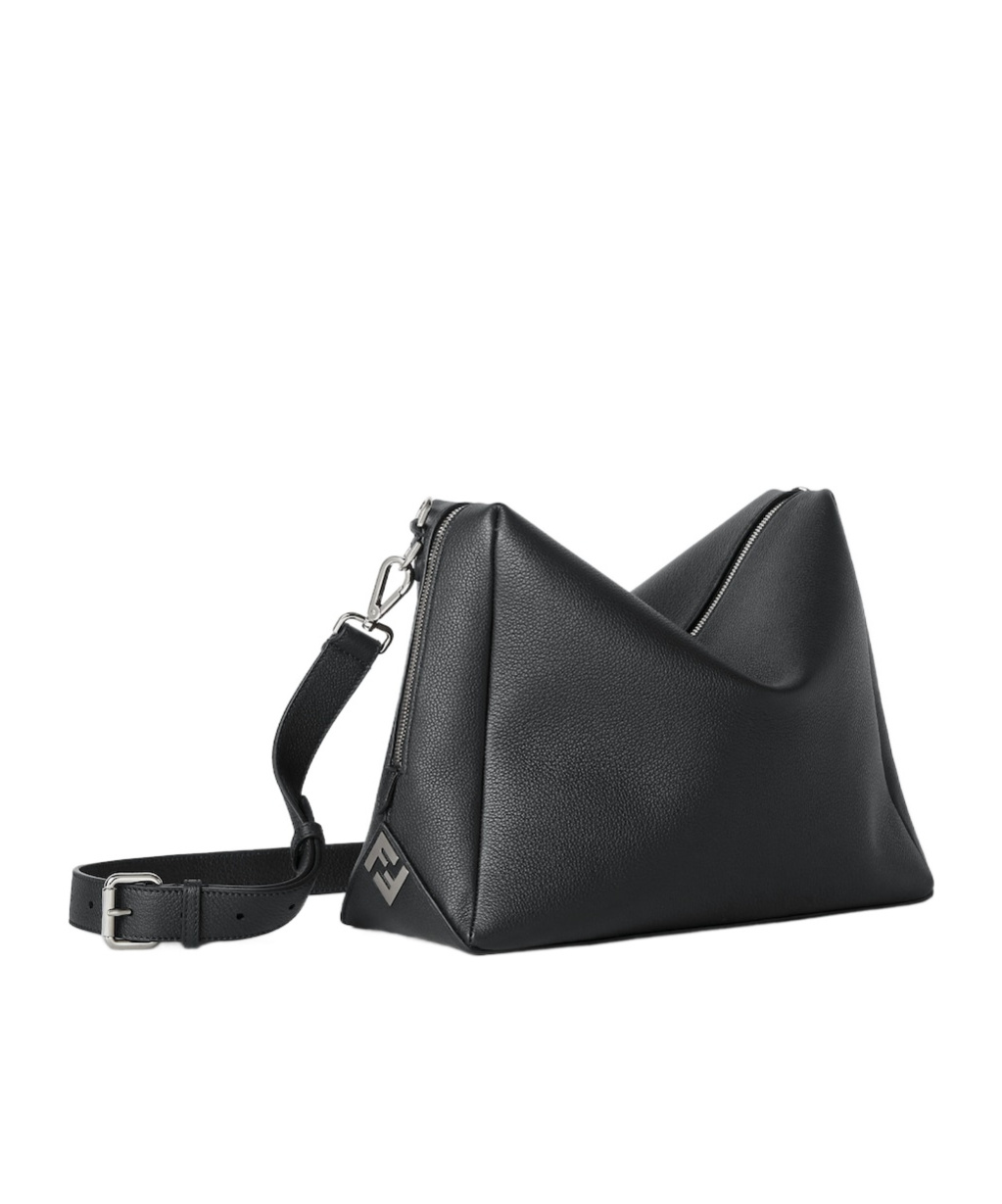 Fendi Medium Shoulder Bag Adjustable Strap Metal Hardware Textured Finish In Black