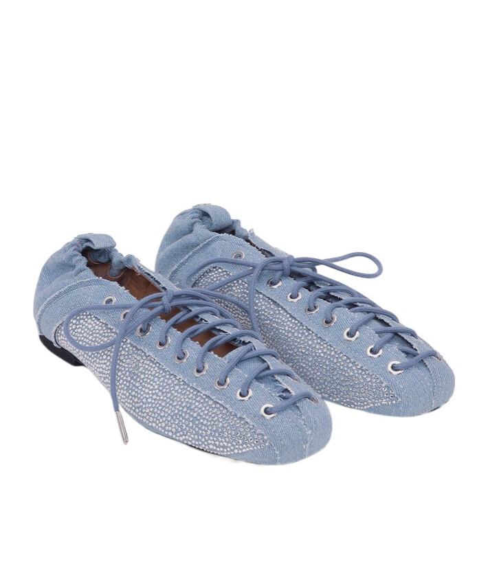GANNI CRYSTAL-EMBELLISHED DENIM LACE-UP BALLERINAS