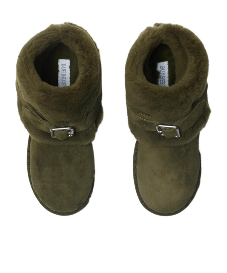 Burberry Snug Green Ankle Boots With Strap In Suede And Shearling In Black