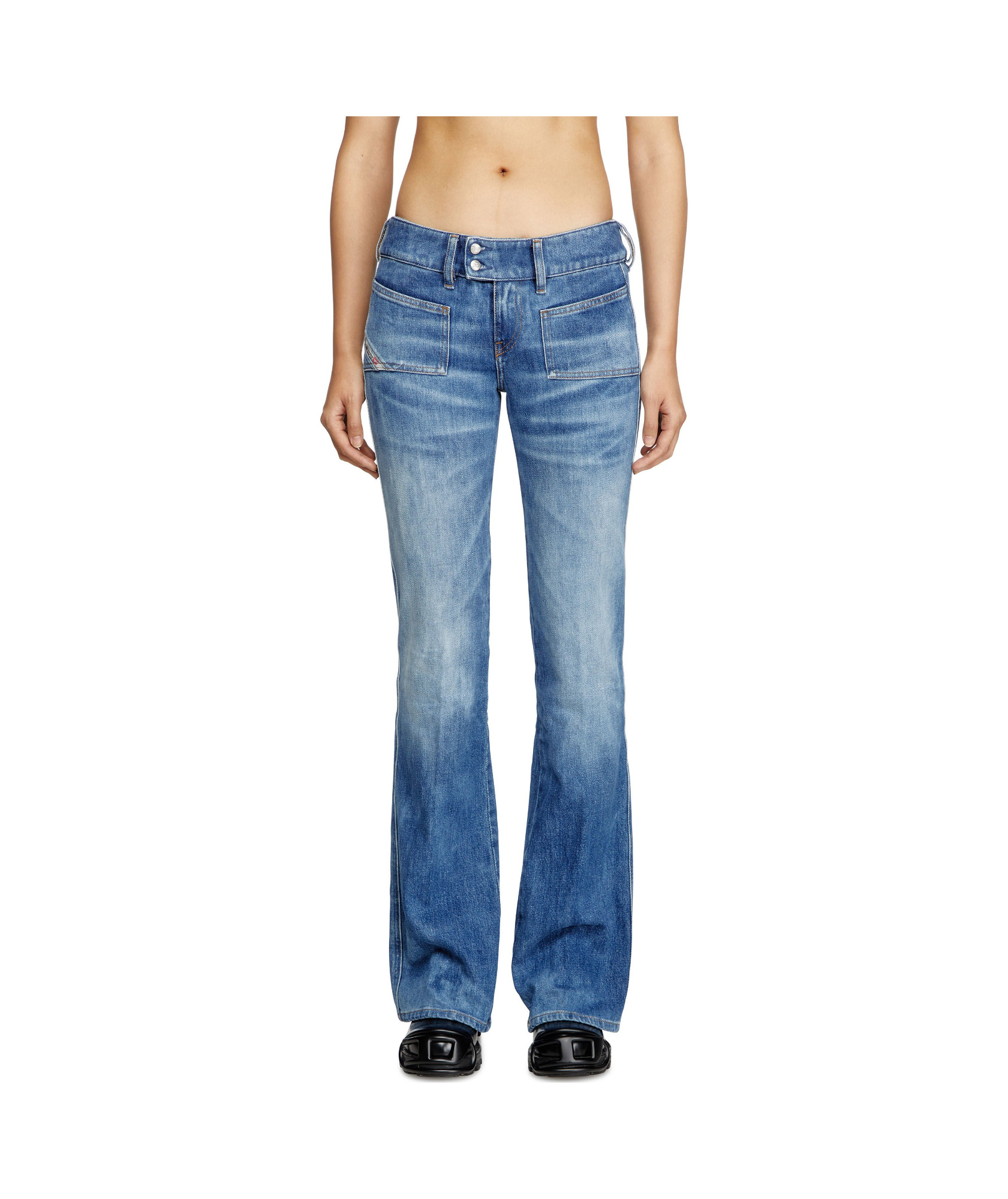 Diesel D-hush Partially Organic Cotton Flared Jeans With Back Logo Patch In Blue