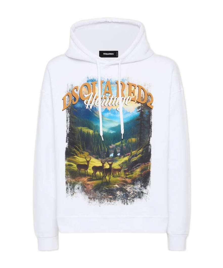 Dsquared2 Cotton Sweatshirt With Nature-inspired Print And Adjustable Hood In White
