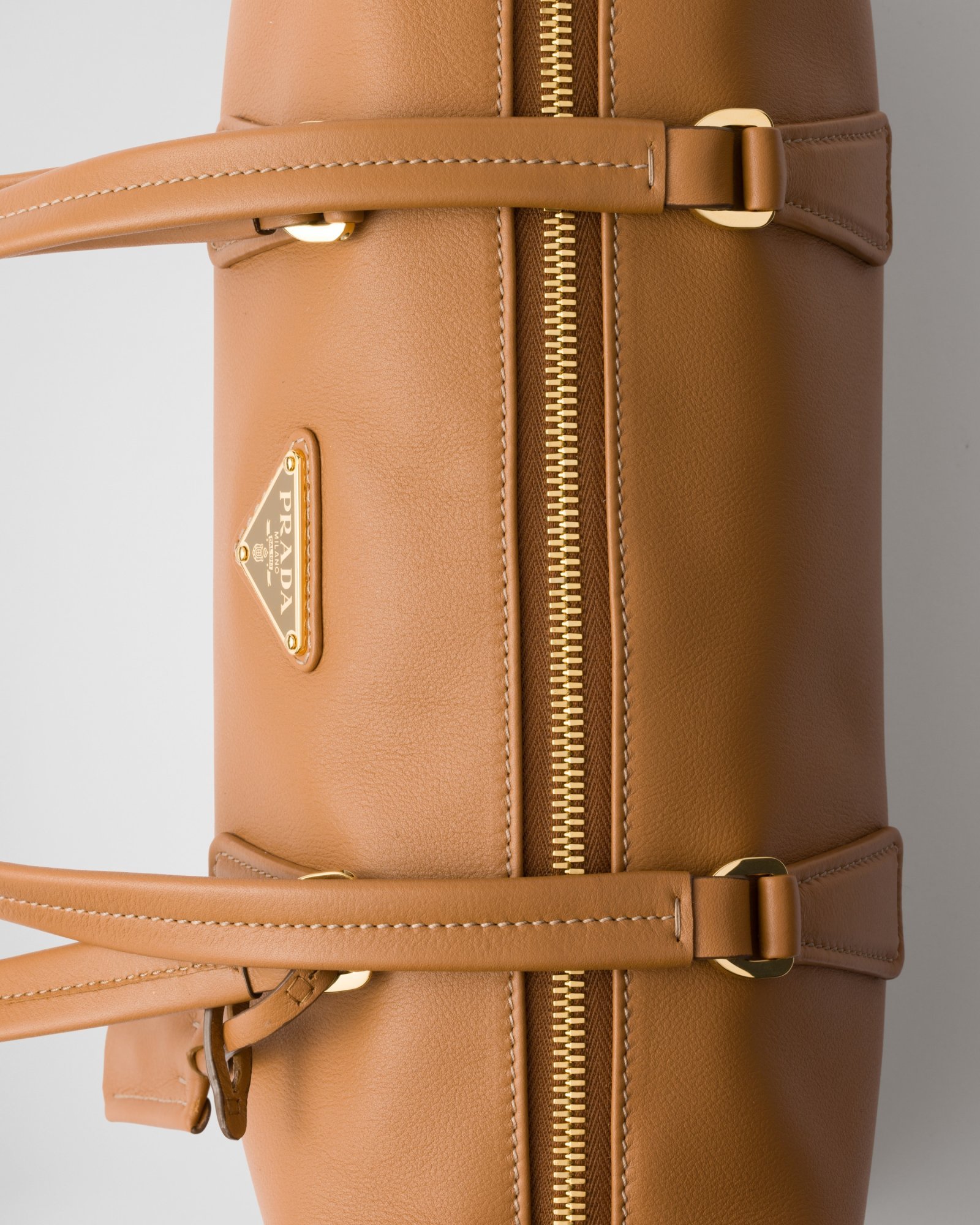 Prada Re-nylon And Leather Medium Top-handle Bag With Padlock In Brown