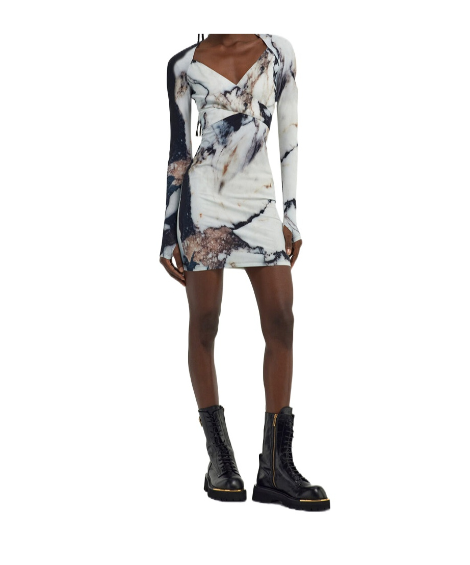 Roberto Cavalli Printed Abstract Fitted Mini V-neck Dress In Gray