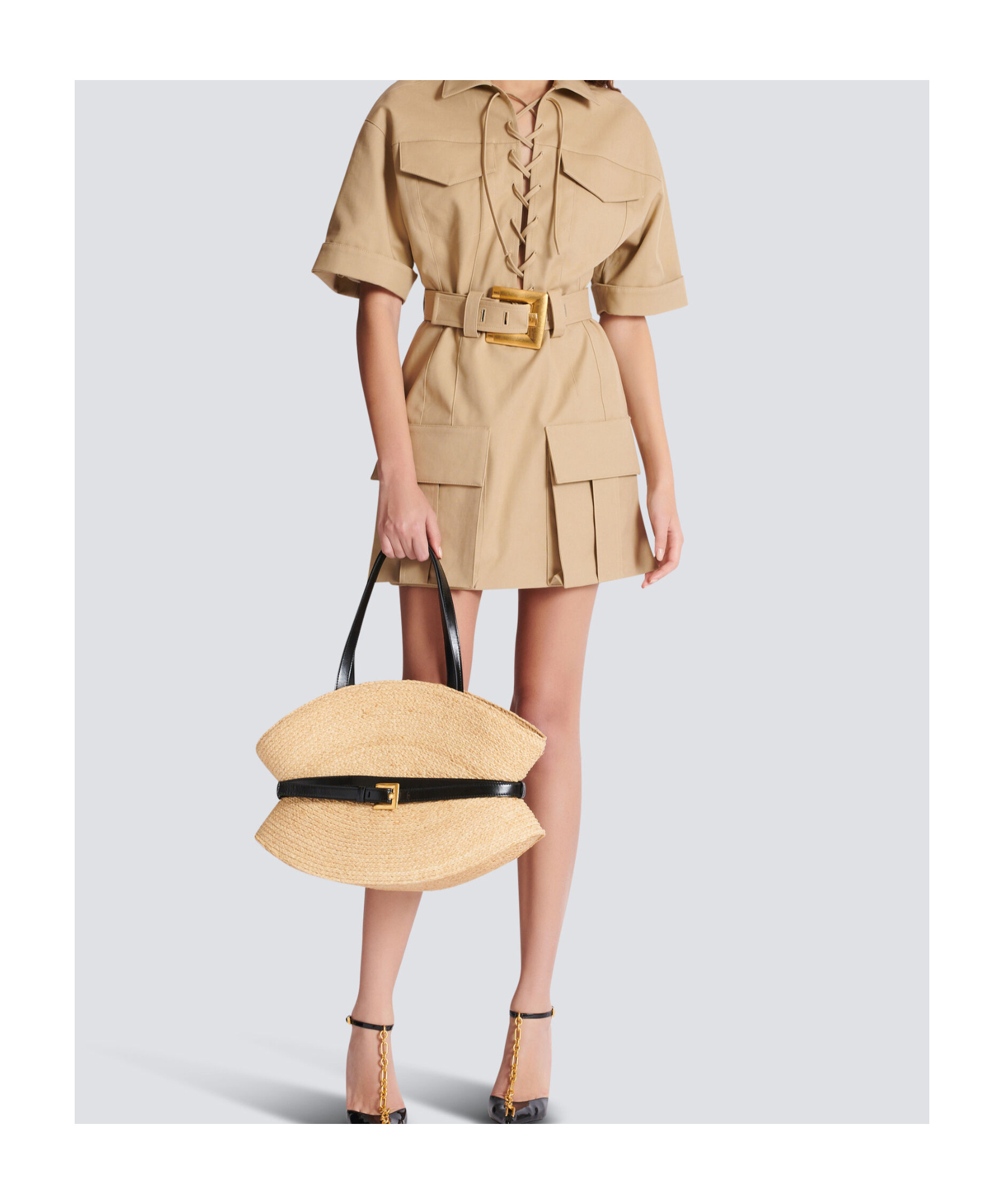 Balmain Medium Raffia And Calfskin Sculptural Bag In Nude