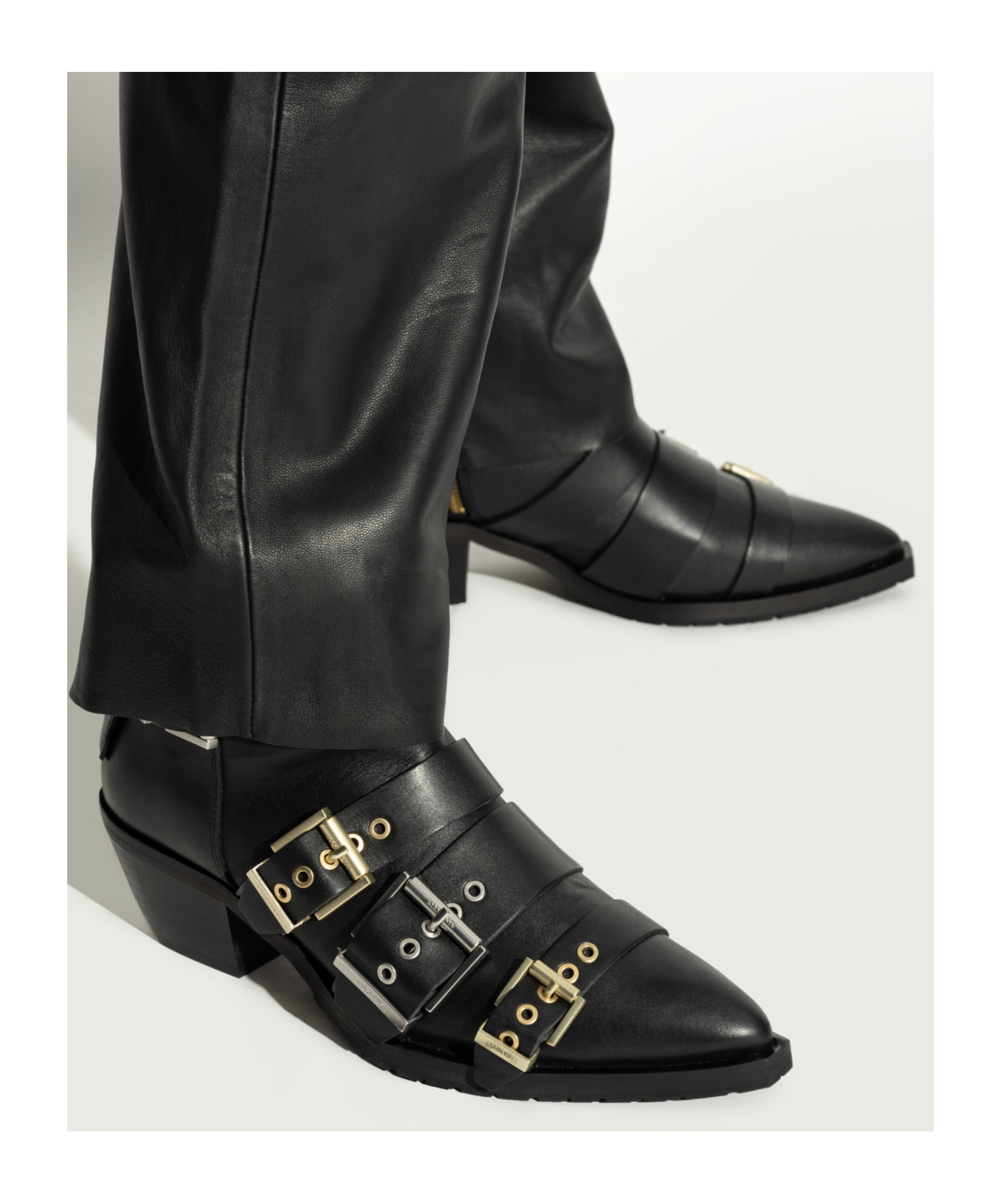 Allsaints Jane Buckle Pointed Leather Boots In Black