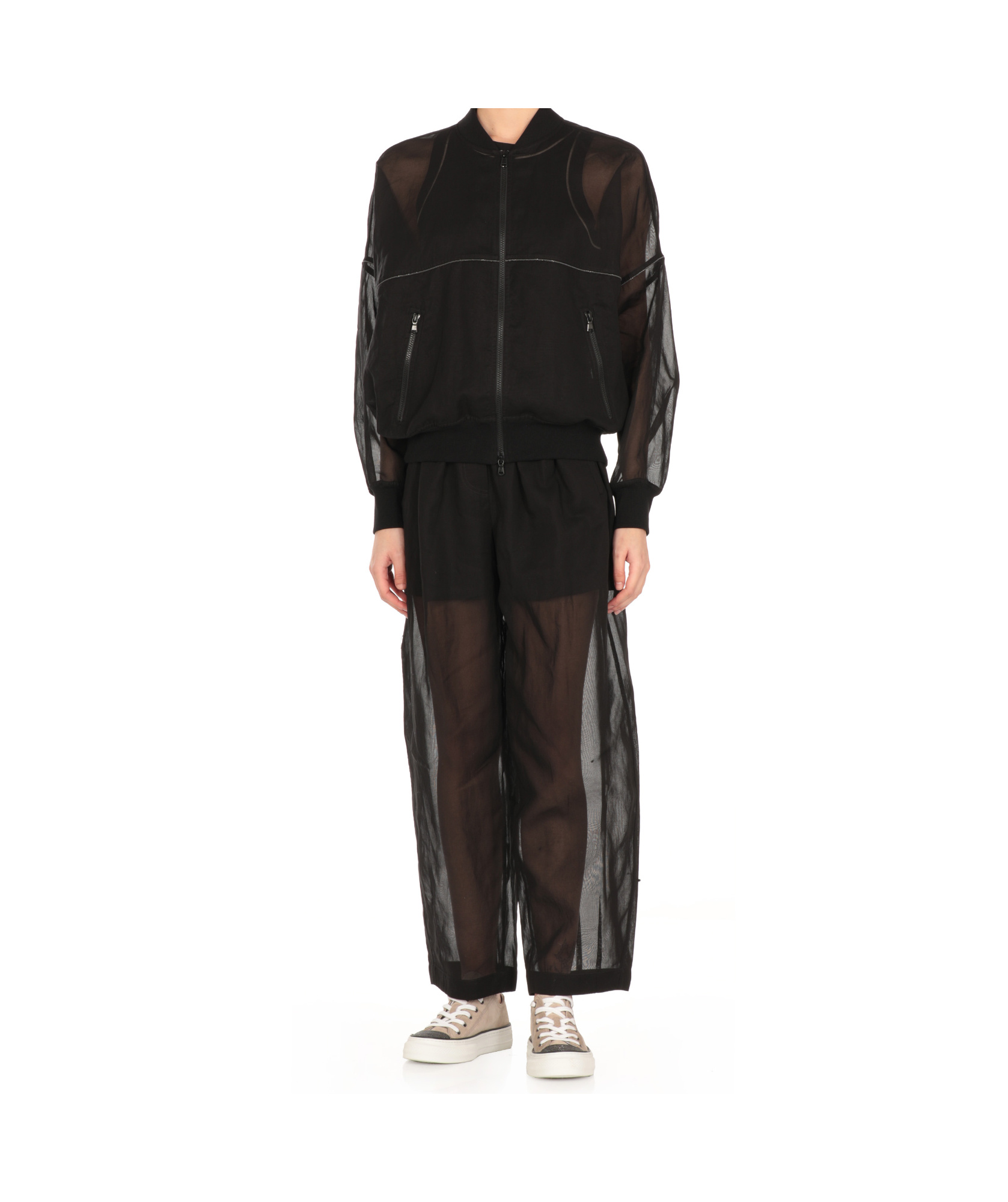 Brunello Cucinelli Black Organza Shiny Trims Bomber Jacket In Black