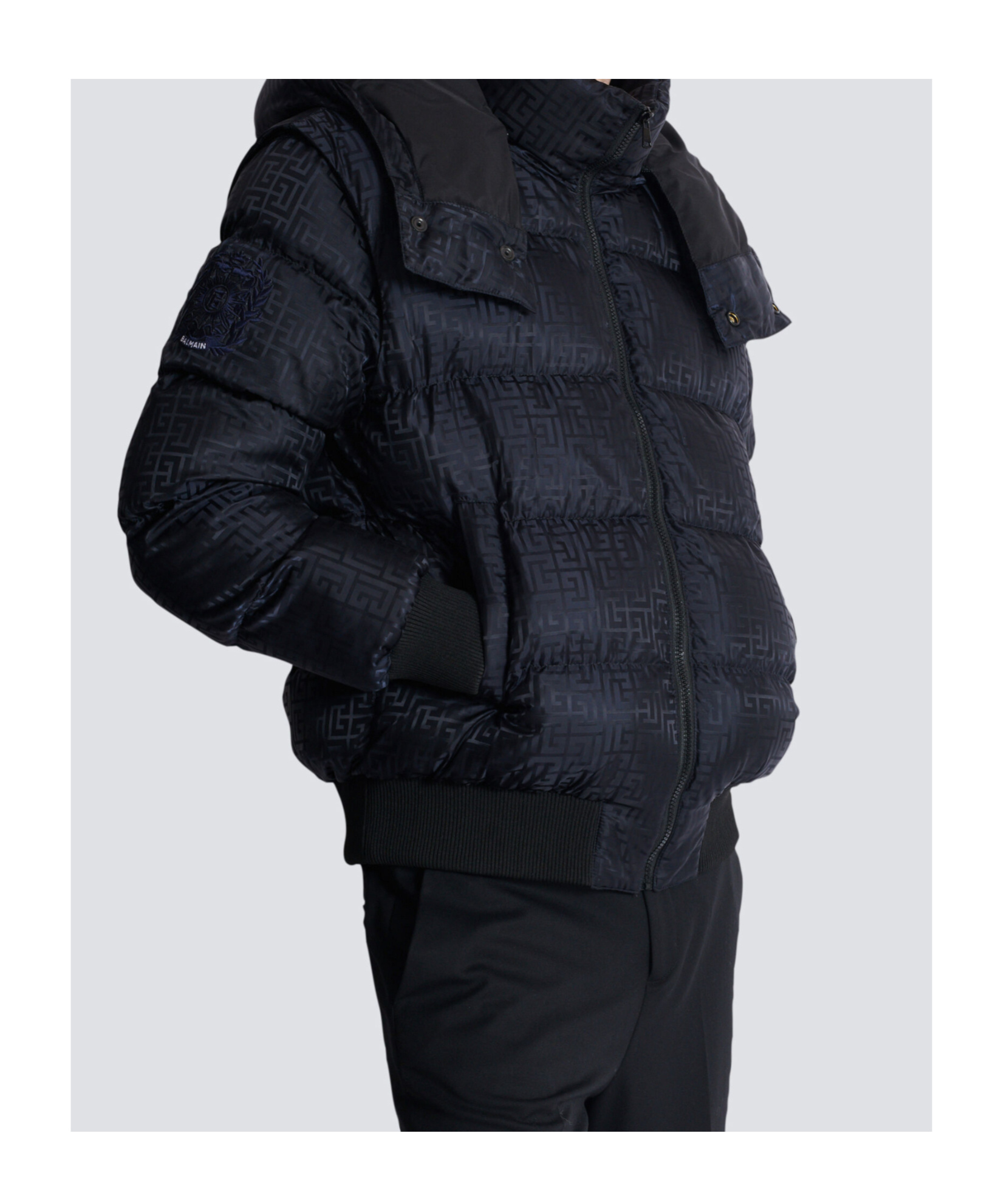 Balmain Short Nylon Jacquard Down Jacket With Black Monogram Men In Black