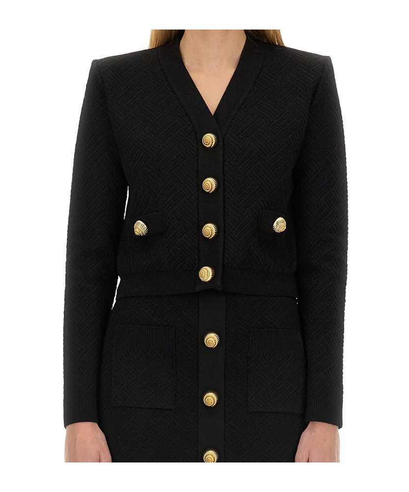 Balmain Cropped Viscose Blend Cardigan With Snail Buttons In Black