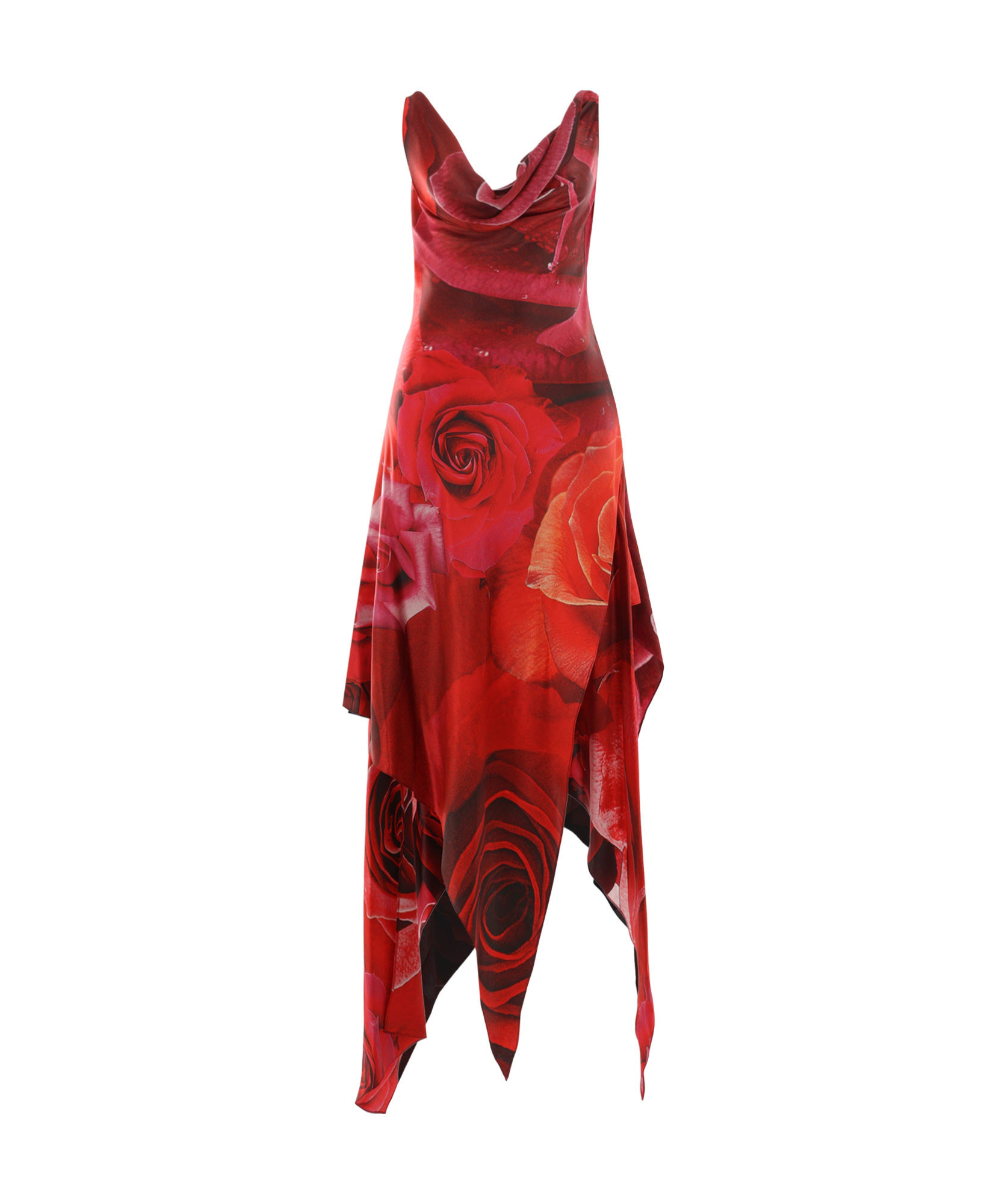 Roberto Cavalli Dress With Asymmetric Skirt And Rose Print In Red