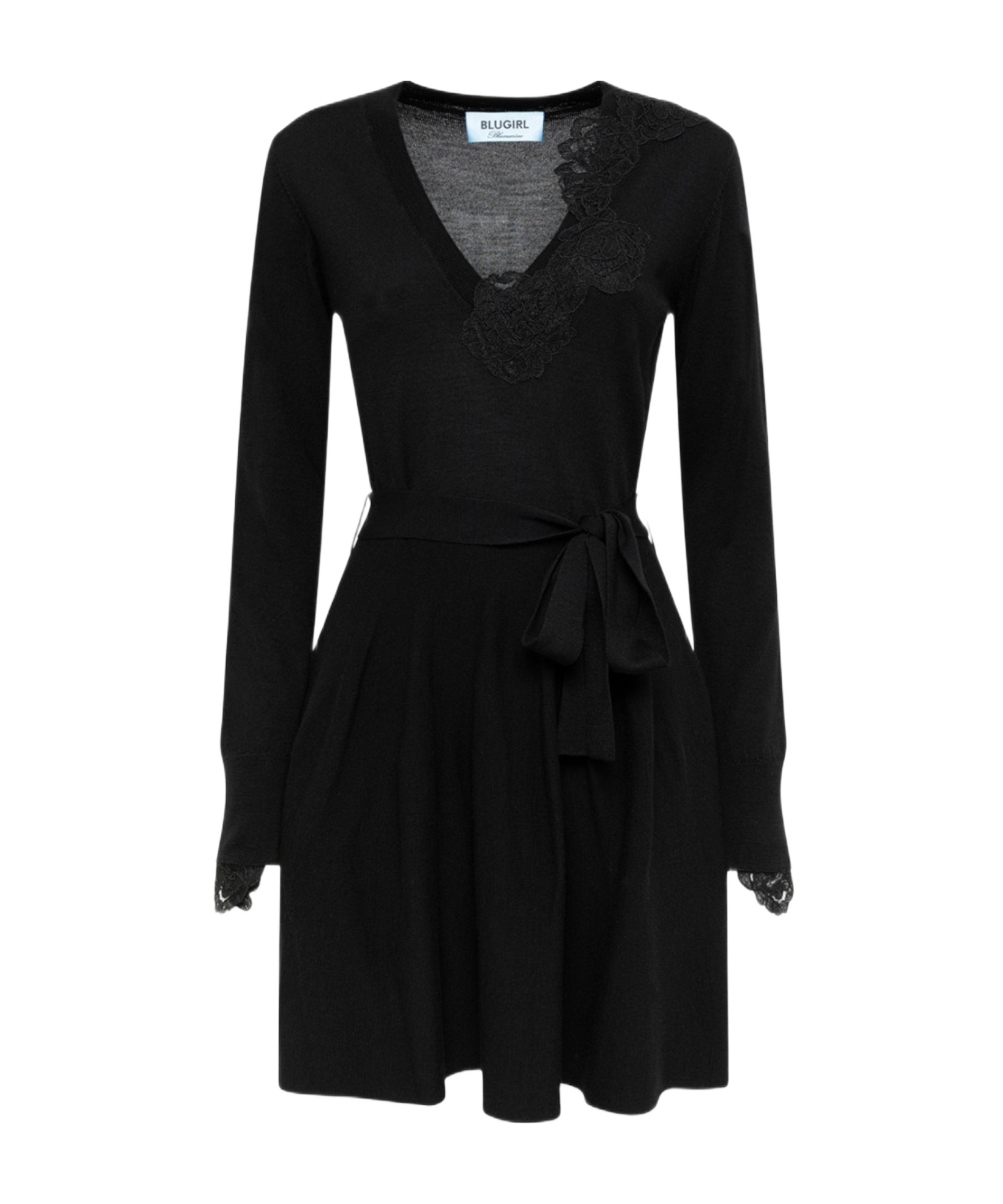 Blugirl Fitted Black Mini Dress With Lace Detailing And Flared Skirt In Multi