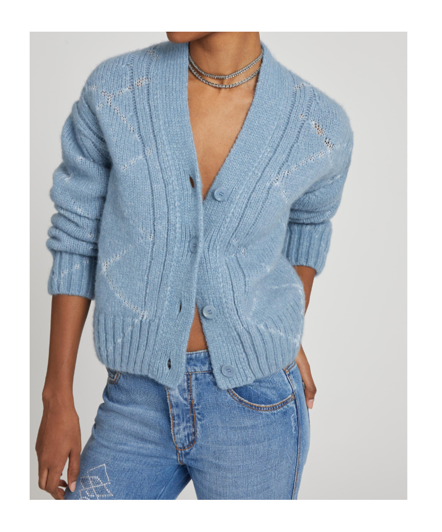 Ermanno Scervino Alpaca And Merino Blend Cardigan With Diamond Pattern And Microcrystal Logo In Blue