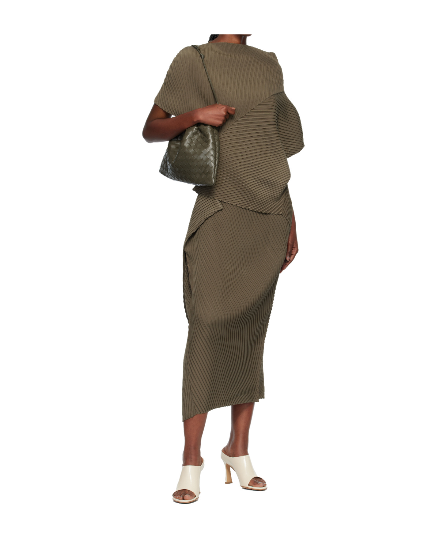 Issey Miyake Khaki Soft Fold Pleats Midi Skirt In Brown