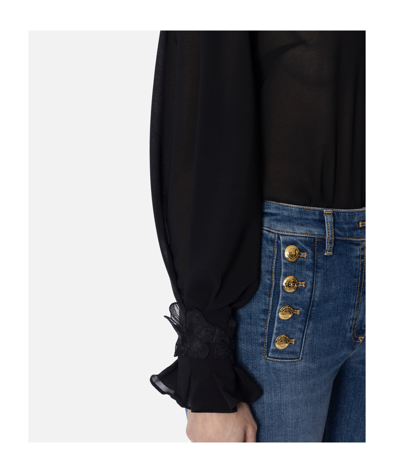Elisabetta Franchi Shirt In Georgette Fabric With Floral Embroideries In Black