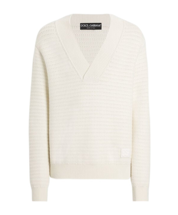 Dolce & Gabbana Wool V-neck Sweater With Dg Embroidery In White
