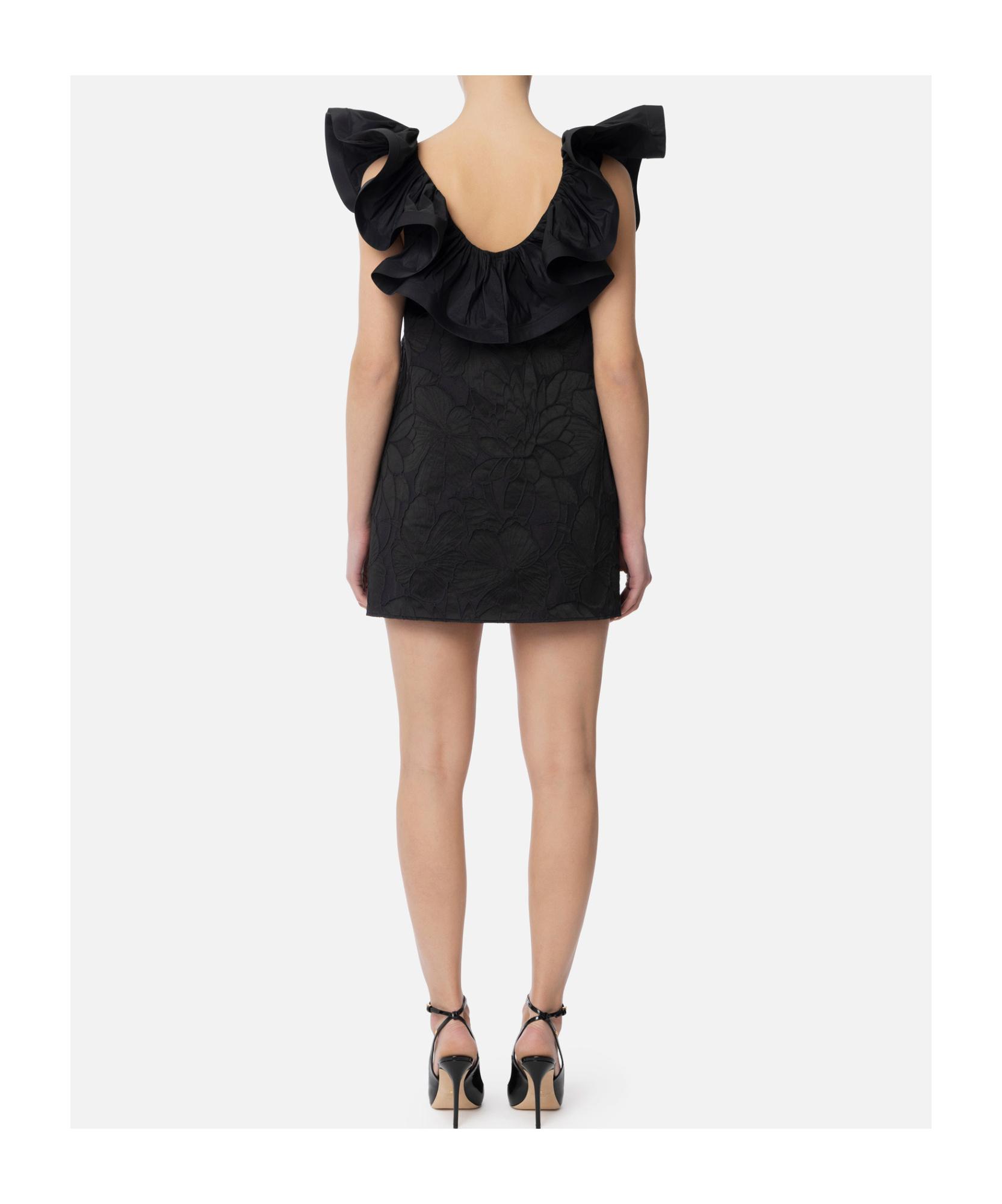 Elisabetta Franchi Ruffled Neckline Mini Jacquard Dress In Black