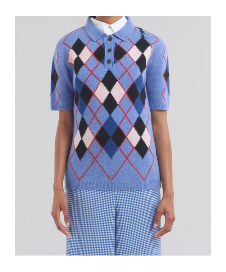 Marni Embroidered Argyle Wool Polo Shirt In Blue