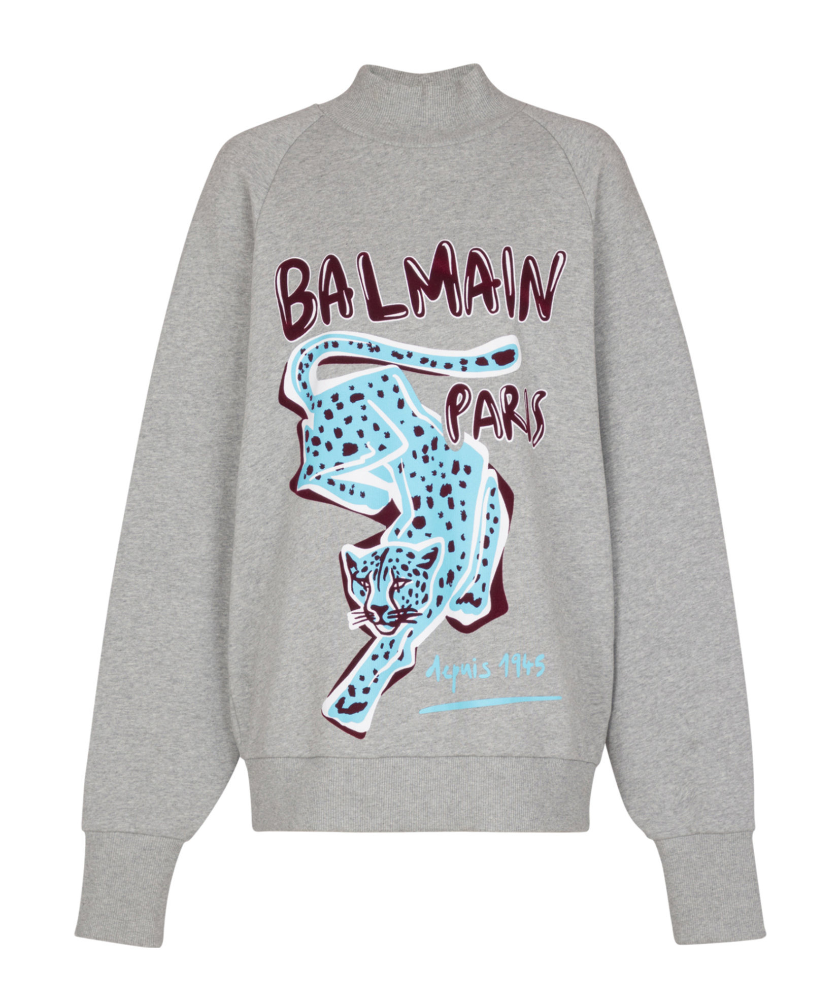 Balmain Cheetah-print Turtleneck Sweatshirt In Gray