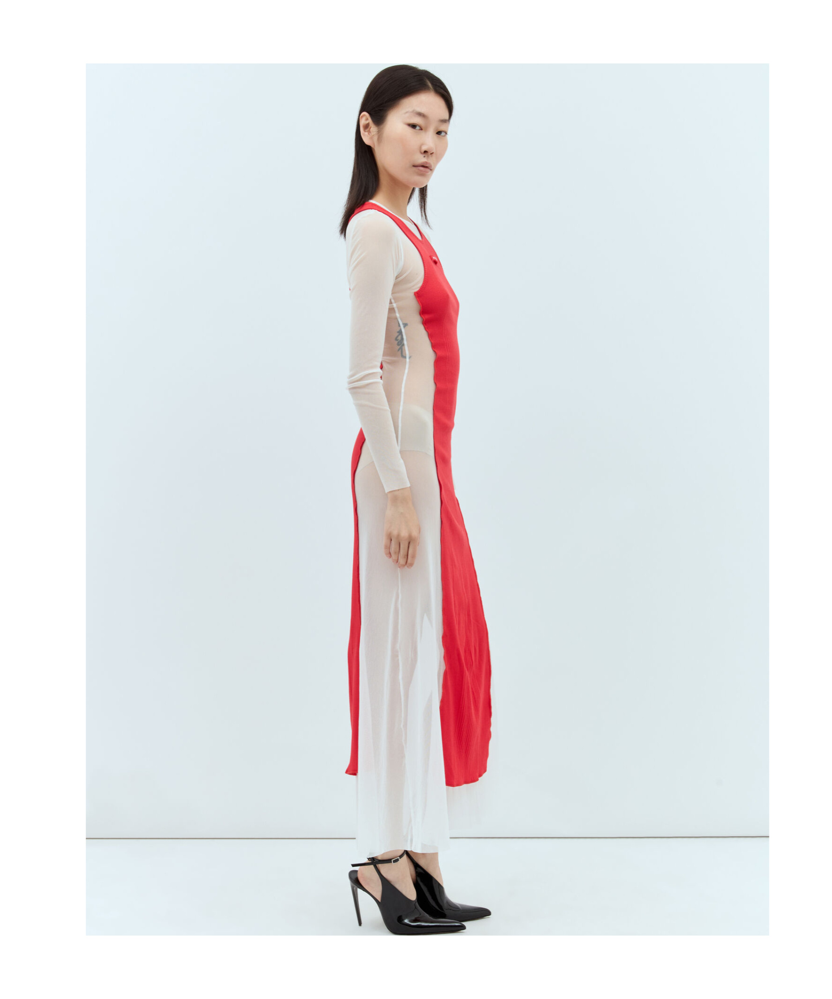 Jean Paul Gaultier Layered Ribbed Cotton-jersey And Mesh Maxi Dress In Red